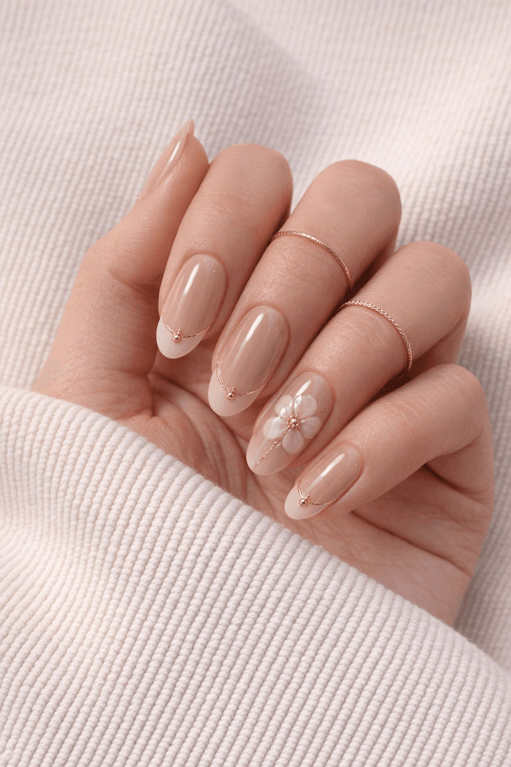 Gold Bead French Bloom press-on nail design
