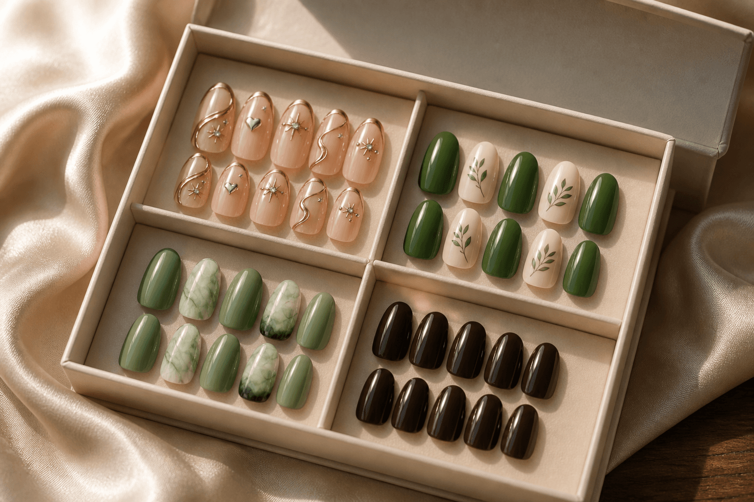 Moodboard gift box with Rose Chrome Starburst, Olive Cream Sprigs, Sage Marble Duo, and Dark Chocolate Gloss